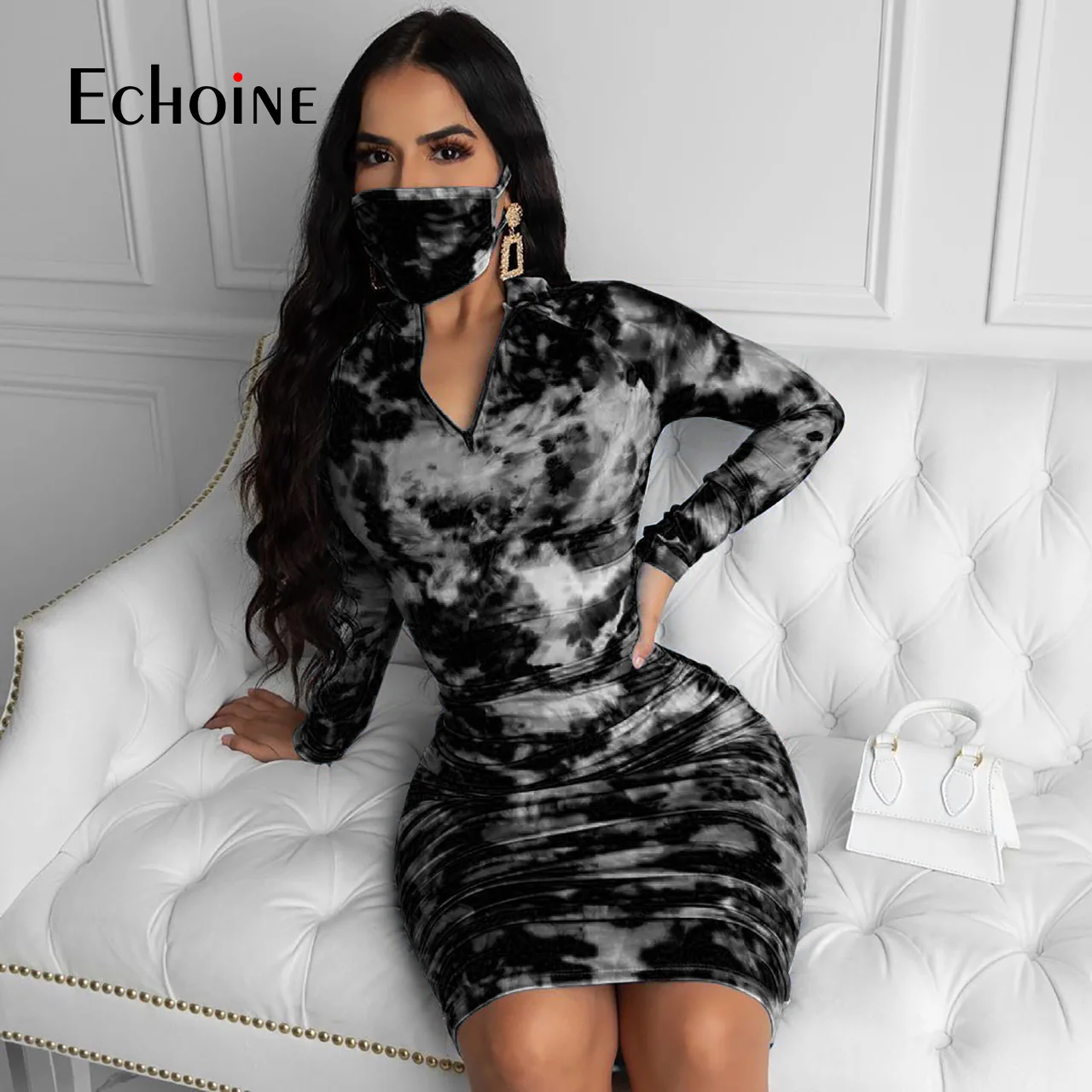 

Echoine 2020 Women Summer Fashion Dress Strapless Tie-dye Print Sexy Bandage Beach Night Club Party Dresses Vestido
