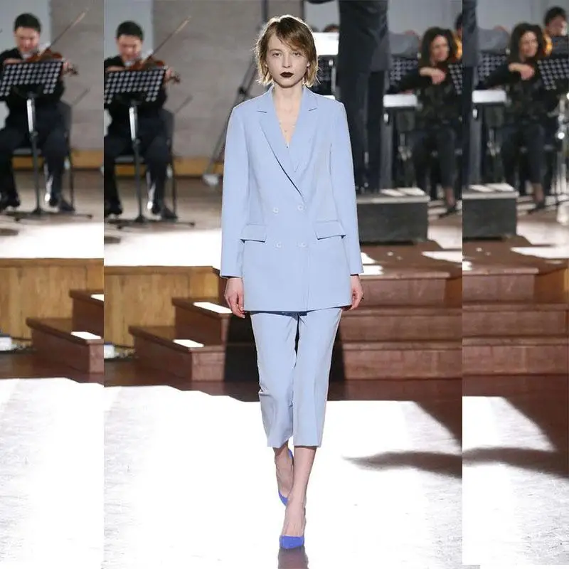 

Custom Made Light Sky Blue Mother's Suits Double Breasted Notched Lapel Two Pieces Slim Fit Wedding Guest Outfit 2020