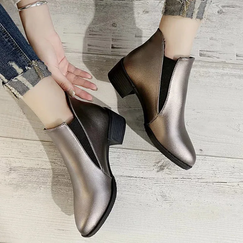 2019 г. Зимняя обувь женские ботильоны ботинки на низком каблуке с эластичной