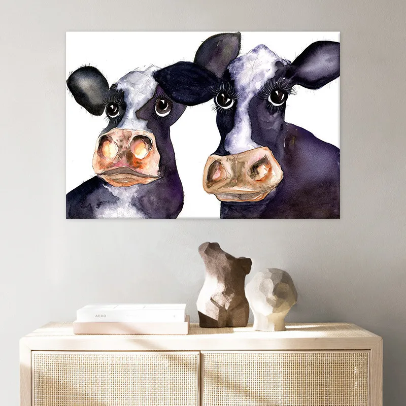 

1pc Cartoon Black and White Cow Canvas Painting Living Room Porch Wall Art Pictures Children Room Mural Poster Home Decoration