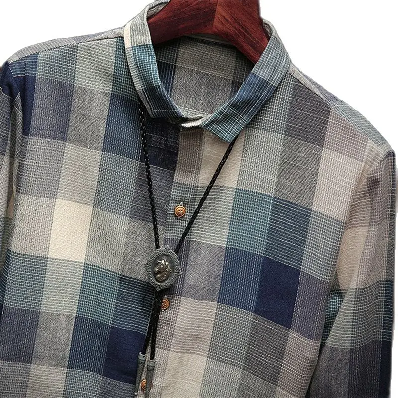 Однобортная Мужская рубашка в клетку из хлопка с отложным воротником и длинными