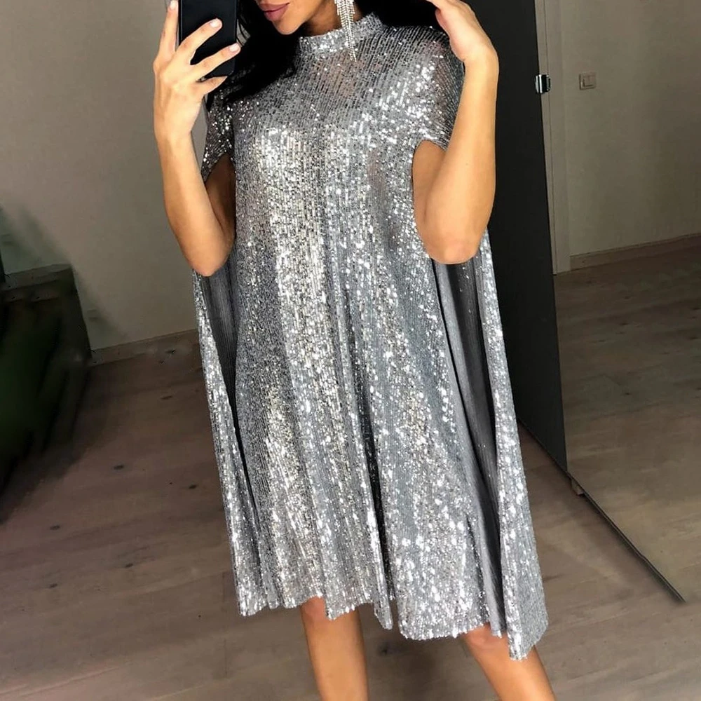 Женское блестящее платье накидка OMILKA серебристое/черное/золотистое Клубное миди