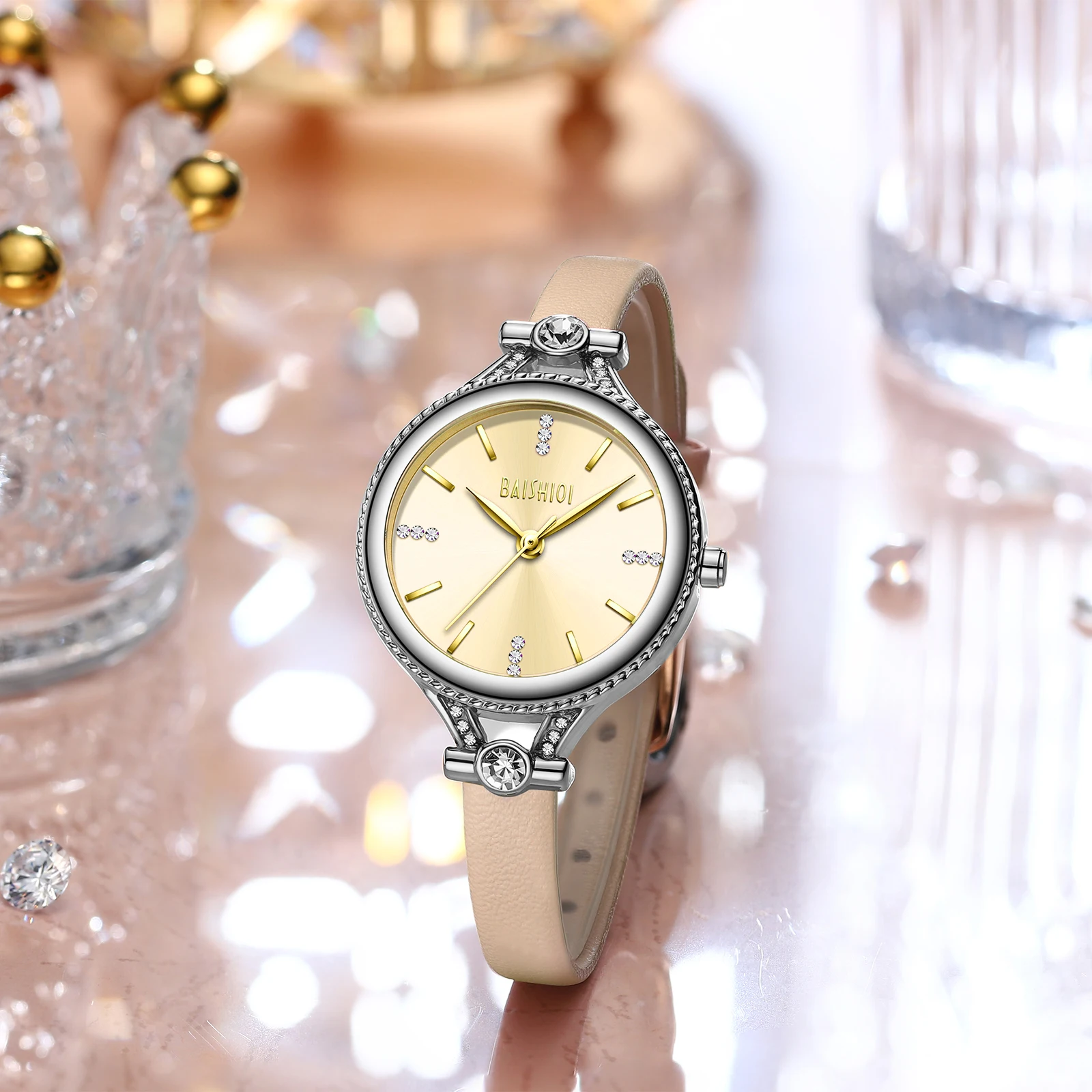 

BAISHIQI Ladies Fashion Simple Quartz Watch Roman Numerals Diamond Dial Leather Strap Perfect Gift for Girls