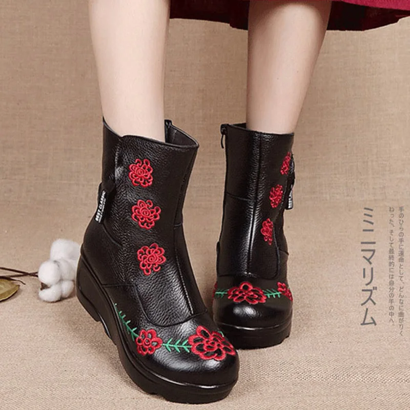 

TIMETANGNew Winter Handmade National Wind Women's Boots Winter Shoes Genuine Leather Women's Wedges Thick Bottom Platform Shoes