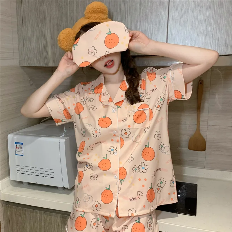 

cartoon print summer 2 piece set home suit pajamas set short sleeve tops shorts sleepwear suit sweet cute home clothes Y382