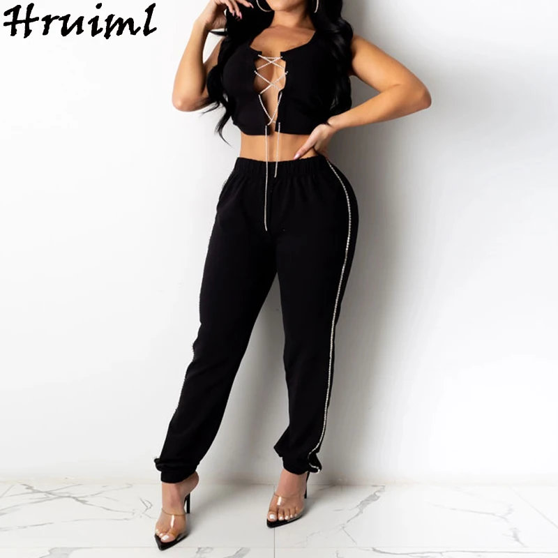 

Sexy Club Outfits for Woman Two Piece Set Summer Sleeveless Mesh Bandage Crop Top Long Pants Set Solid Casual Roupas Femininas