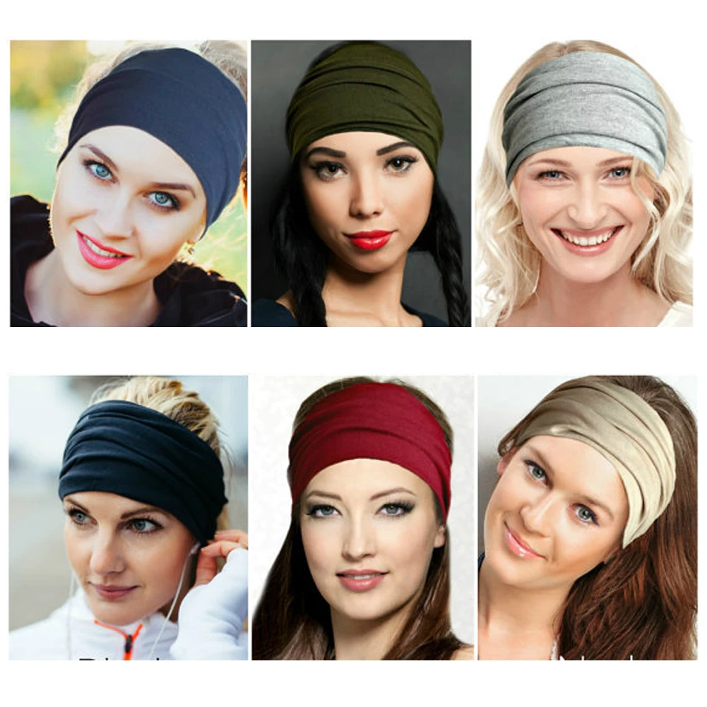 

Lady Solid Color Hair Band Turban Women Wide Hair Ribbon Elastic Cotton Hairband For Sports Yoga Running Football Headband