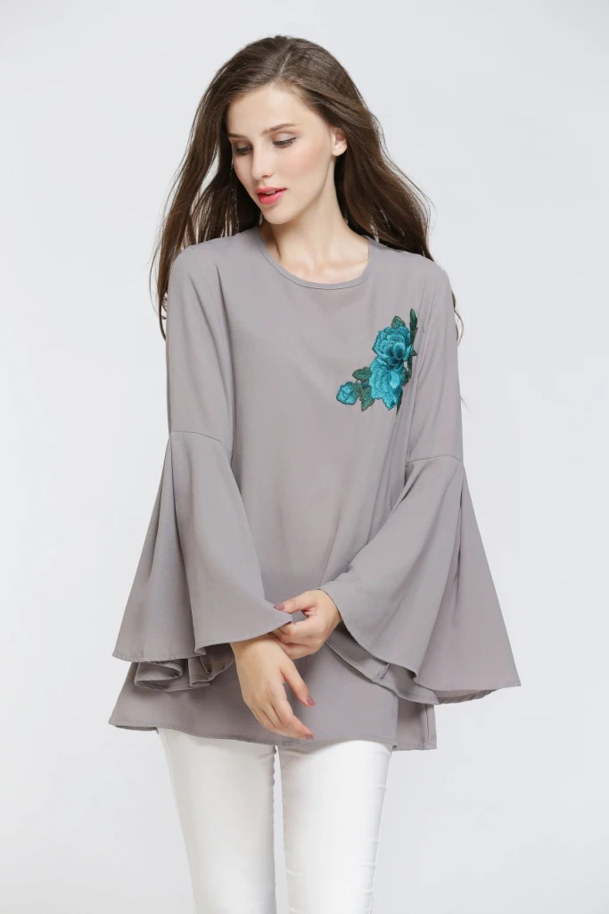 2019 Новый мусульманский женский арабский Топ круглый воротник расклешенный рукав вышивка стиль модный топ