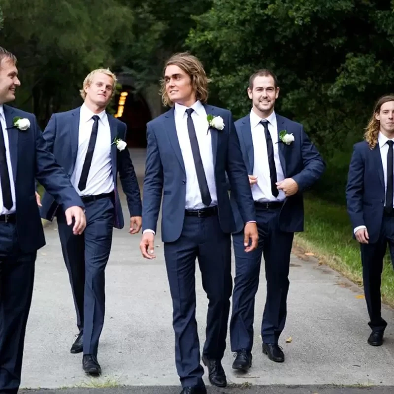 

Dark Blue Groomsmen Wedding Tuxedos One Button Mens Groom Suits Notched Lapel Slim Fit Prom Party Blazer Jacket(Jacket+Pants)