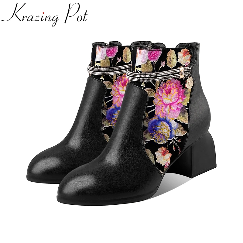 

Krazing Pot 2022 fashion big size print flower cow leather high heels modern boots warm winter shoes crystal sweet ankle boots