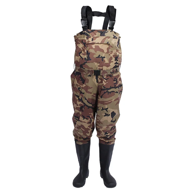 

Double Layer Waterproof Camoufla Nylon PVC Fishing Chest Wader Attached Rubber Boots promise you ice fishing warm in water