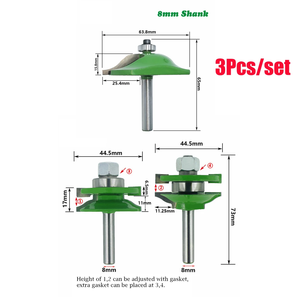 

3 Bit Raised Panel Cabinet Door Router Bit Set 8mm Shank Woodworking cutter Tenon Cutter for Woodworking Tools