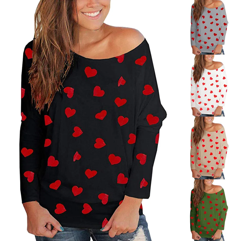Женская футболка с длинным рукавом принтом сердца открытыми плечами на День