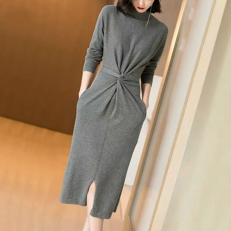 

Осенне-зимнее женское элегантное офисное платье-свитер, женские длинные вечерние модные высококачественные вязаные дизайнерские платья ...