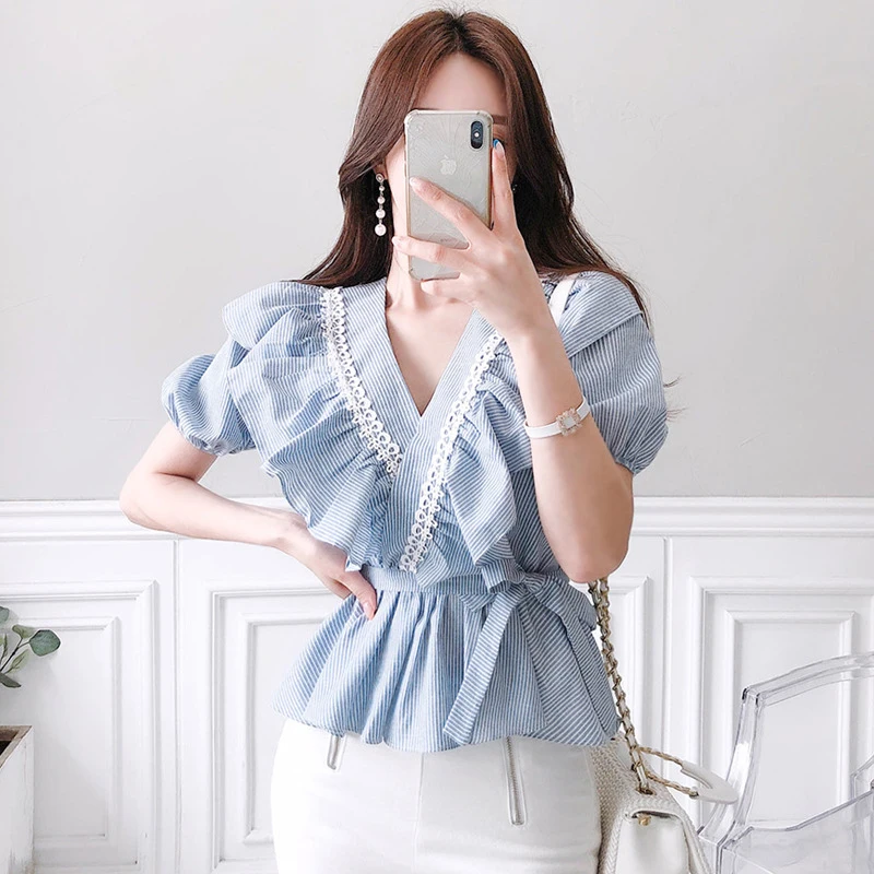 

new arrival fashion women v-neck ruffles shirt temperament elegant casual sexy office lady fresh simple chiffon solid wild tops