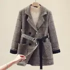 Женский блейзер с поясом, шерстяное пальто с английским воротником, винтажный блейзер в клетку, для осени и зимы