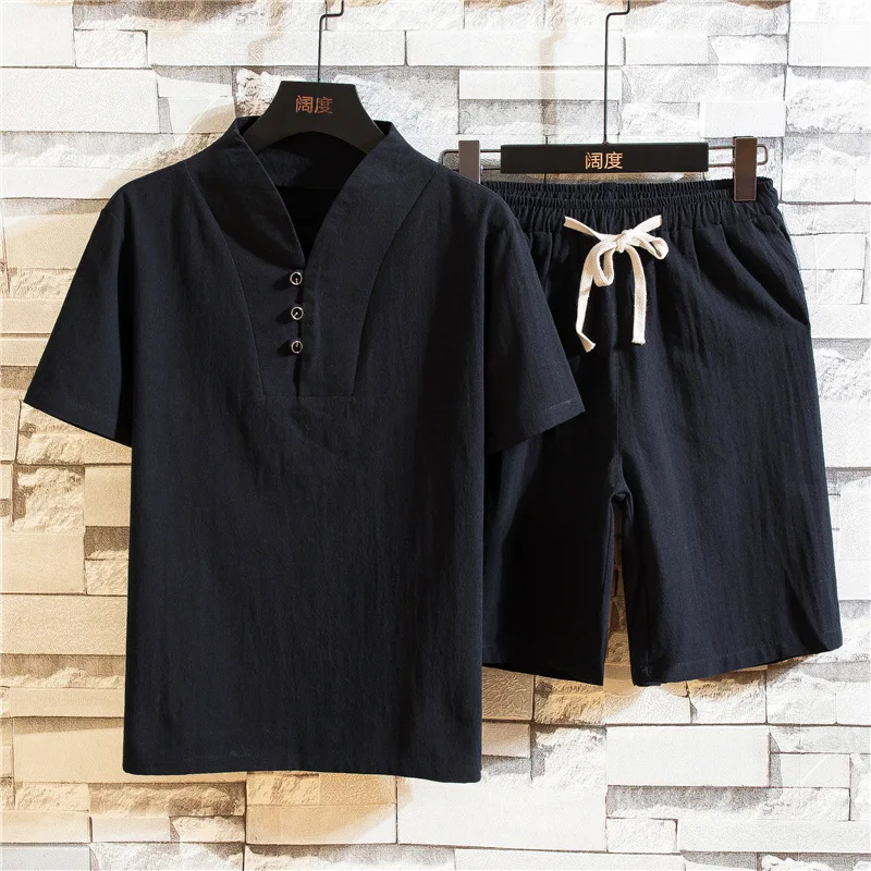 

New summer men's ethnic linen V-neck short sleeve shorts suit men's solid large short sleeve T-shirt suit