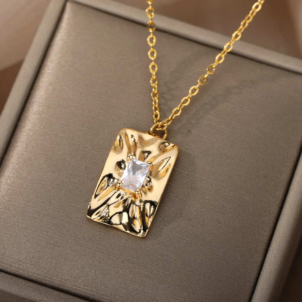 

Irregular Square Zircon Necklaces For Women Vintage Stainless Steel Geometric Clavicle Necklace Accessories Jewelry Gift 2021