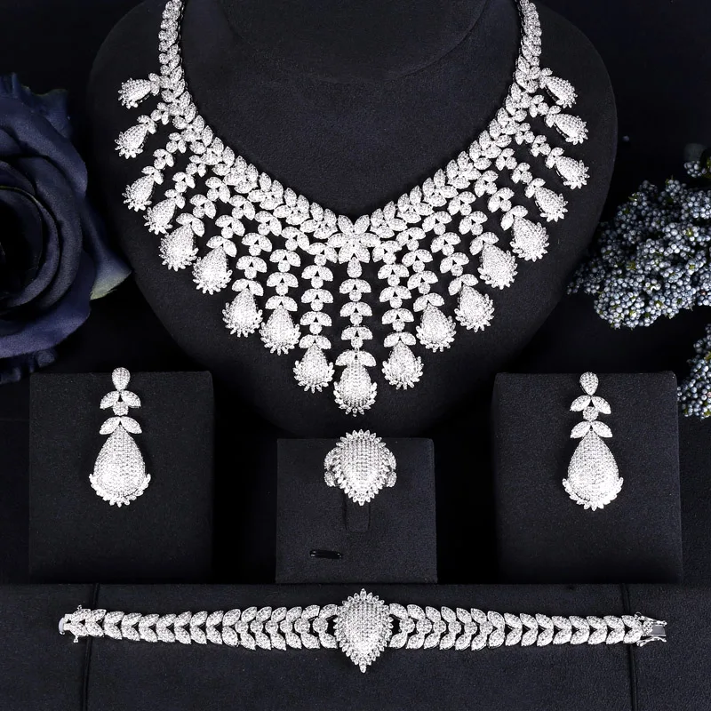 Janekelly Роскошные серьги с кубическим цирконием браслет ожерелье и кольцо 4 шт.