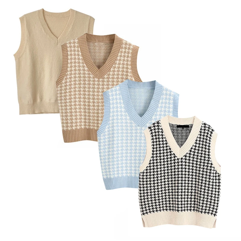

Oversized Houndstooth Knitted Vest Sweater Women Vintage Sleeveless Side Vents Female Waistcoat Chic Tops Vogue Women Pullover