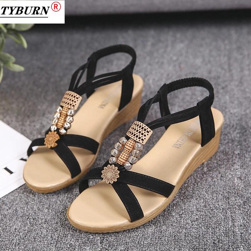 

2021 Summer Ladies Sandals Luxury Beaded Ladies Open Toe Walking Shoes Printed Soft Elastic Band Outdoor Vacation High Heels