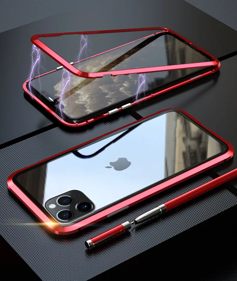 Металлический магнитный адсорбционный чехол для iphone 11, чехол из закаленного стекла для iphone 11 pro max, Новые Чехлы, бампер, чехол
