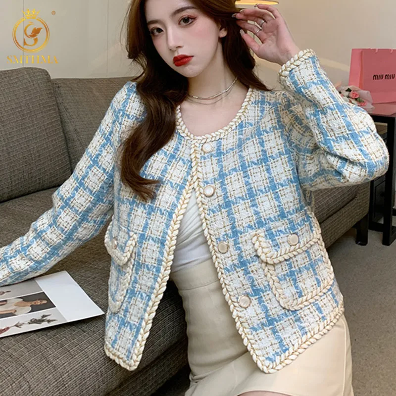 

SMTHMA 2021 Новинка Осень Зима Однобортный французский темперамент твидовая куртка с длинными рукавами шерстяная клетчатая короткая верхняя од...