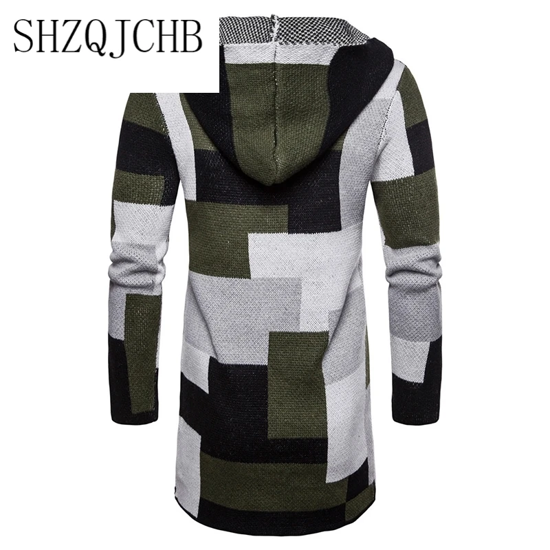 

Autumn New Men Cardigan Sweater Long Hooded Men's Knitwear Patchwork Sweatercoat Male British Style Knitted Sweater