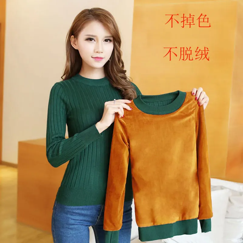 

2020 Winter plus Thick Velvet knit sweater Bottoming shirt Velvet lining warm Pullover Sweater female Fashion Thick sweater