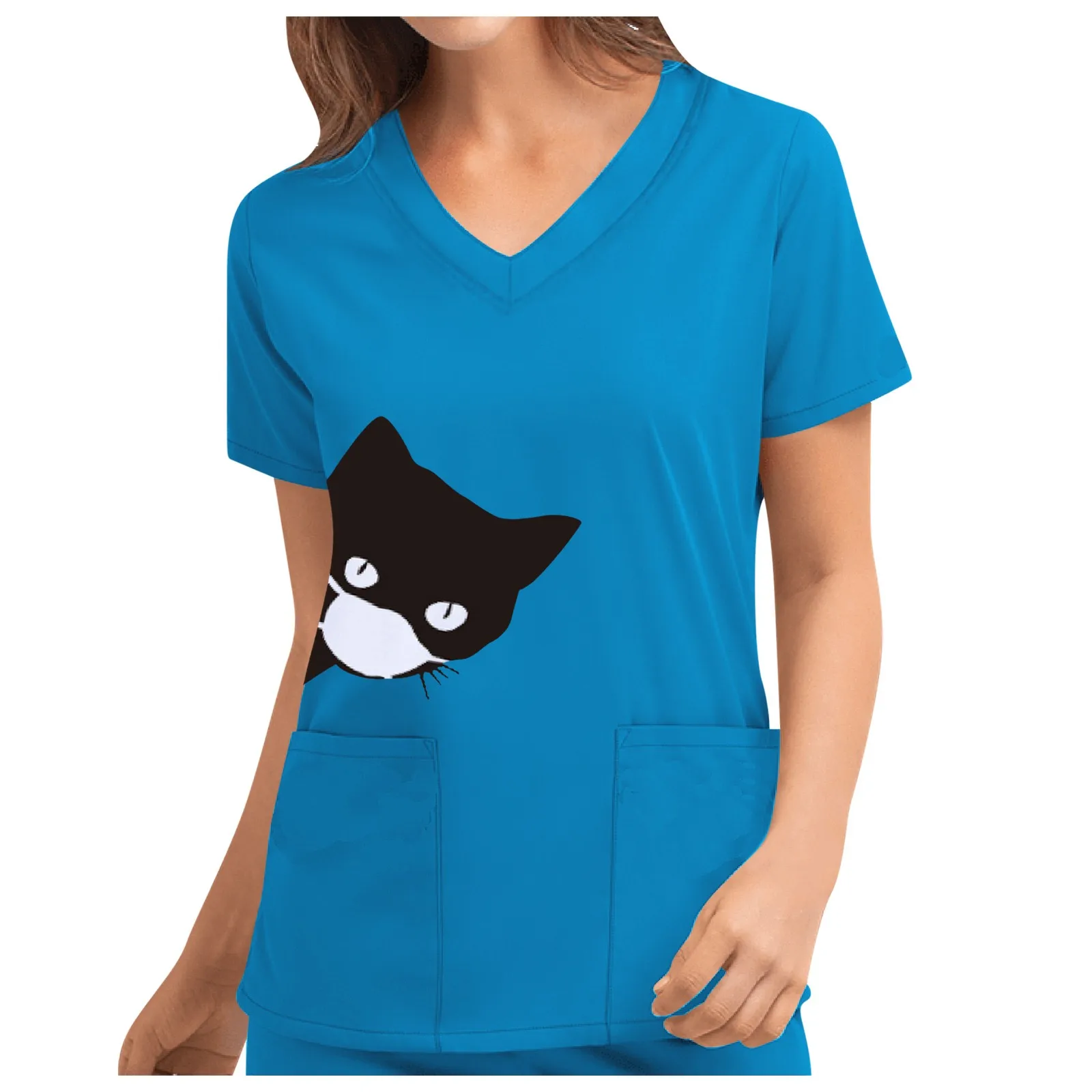 

Women's Animal Printed Nurse Clothes Short Sleeve V-neck Pocket Carers Large Size Tops Pet Nurse Clothes D*