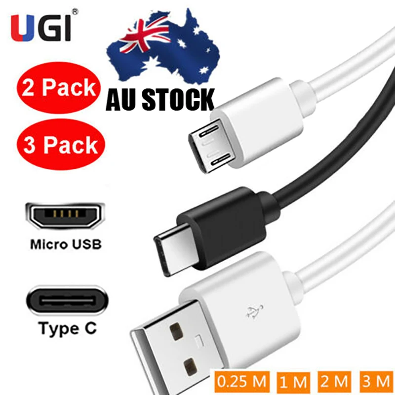 

UGI AU STOCK 1/2/3 Pack USB Charging Cable Micro USB Android Type C USB C Cable For Samsung OnePlus HTC Pixel Xiaomi Huawei VIVO