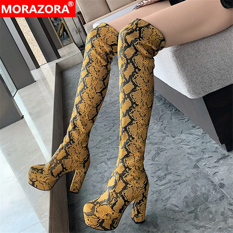 Женские сапоги выше колена MORAZORA черные вечерние поги на платформе и высоком