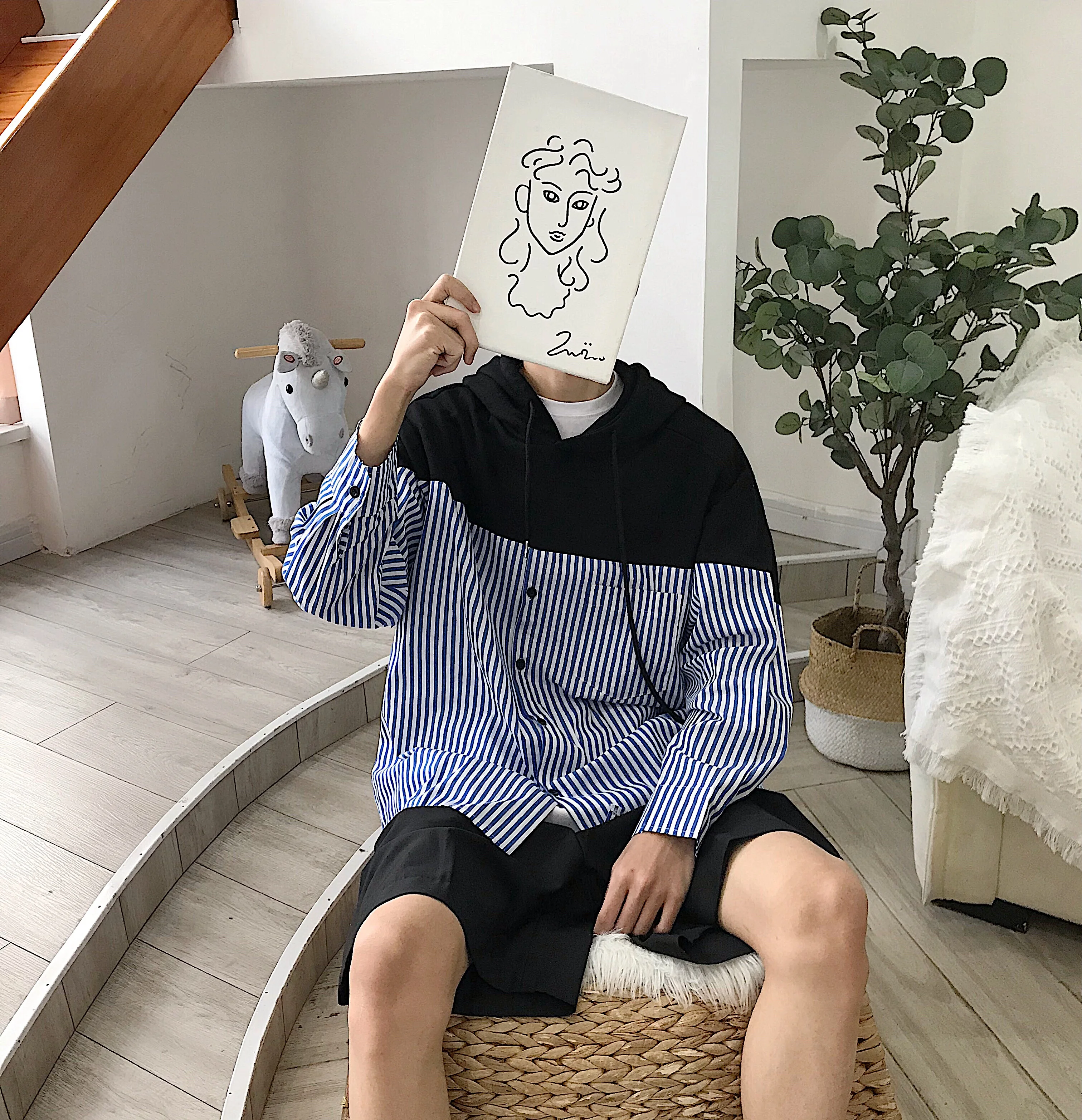 

Мужская рубашка с капюшоном, Повседневная рубашка в полоску в корейском и японском стиле, весна 2021