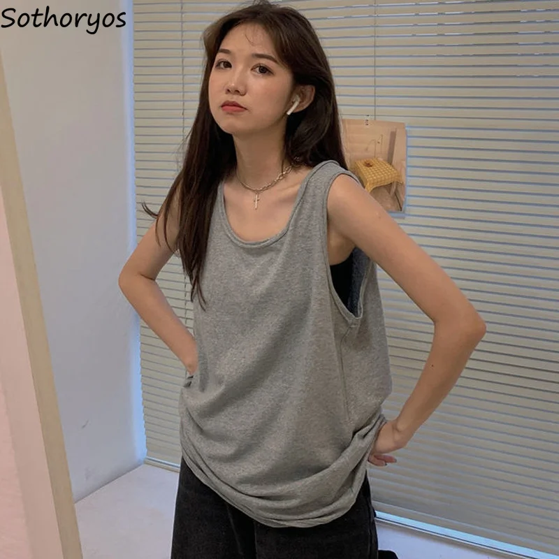 

Camisoles Women Solid O-neck Unisex Sleeveless Tees Summer Streetwear Loose Tanks Hong Kong Style Basic Chic Students Leisure BF