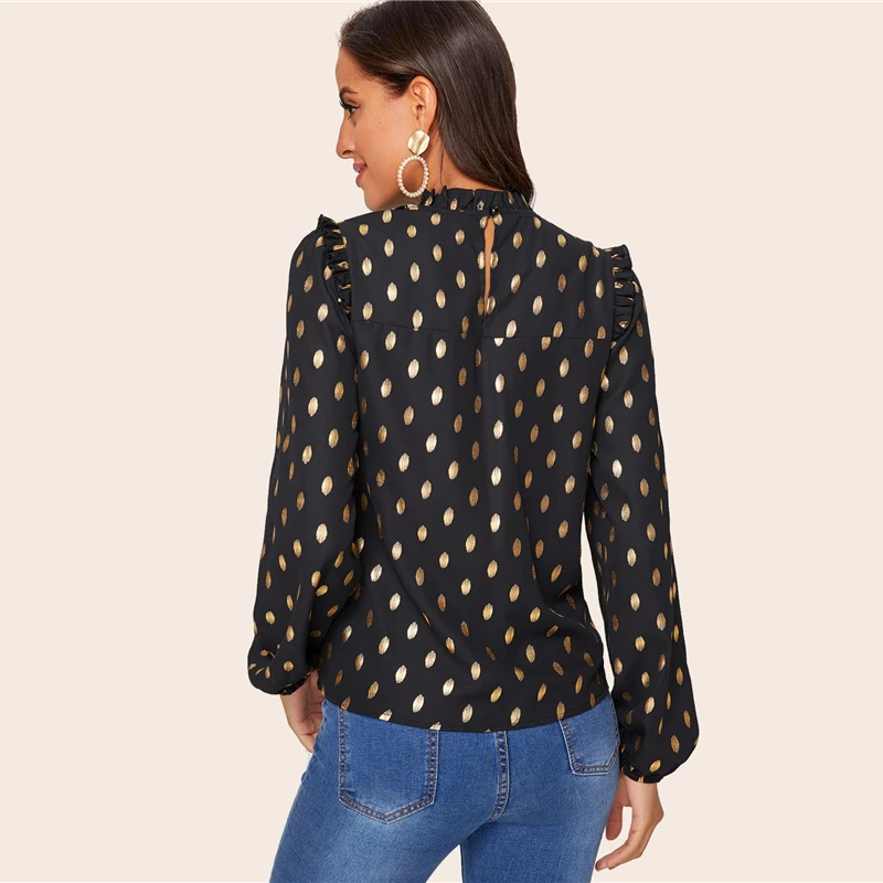 SHEIN черная блузка с оборкой и рукавом-фонариком, с золотым принтом в горошек, женская блузка, весенний сезон осень, со стоячим воротником, элегантные офисные женские блузки