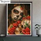 Алмазная 5D картина сделай сам с изображением девушки, черепа, розы, полная Алмазная вышивка, мозаика, искусство, Хэллоуин, украшение для дома, ручная работа, вышивка крестиком, подарок