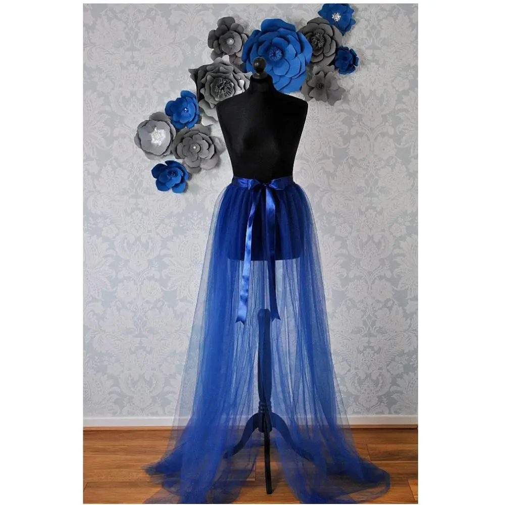 

Mujer Faldas Royal Blue Women Over Wrap Tulle Skirts Real Image See Thru Sexy Overskirt Long Women Tulle Skirt
