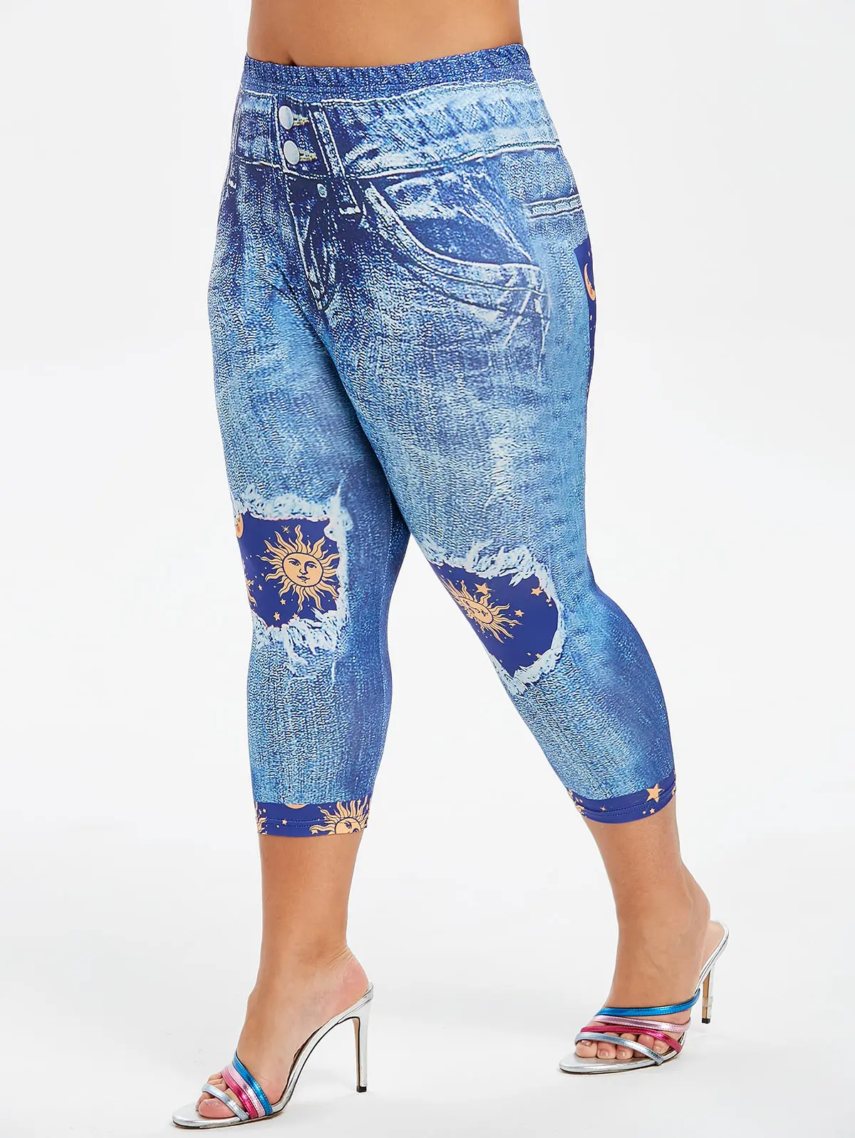 

Plus Size Trousers Women's pants Sun and Moon Print Capri 3D Leggings Capri Pants pantalones de mujer