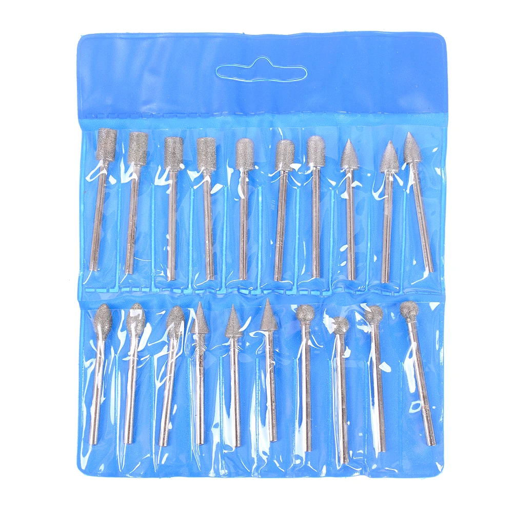 

20pcs/set 3mm Durable Shank Diamond Burr Bit Cut Emery Grinding Head For Rotary Tools Engraving Carving Rotary Drill Bits