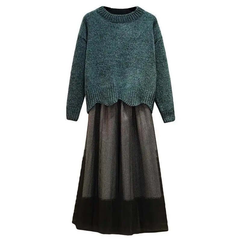 

L-4XL Plus size Women 2 Piece Set elegant ladies mesh Skirt Set fall winter Women Sweater 2 Piece Outfits Korean A-line skirt
