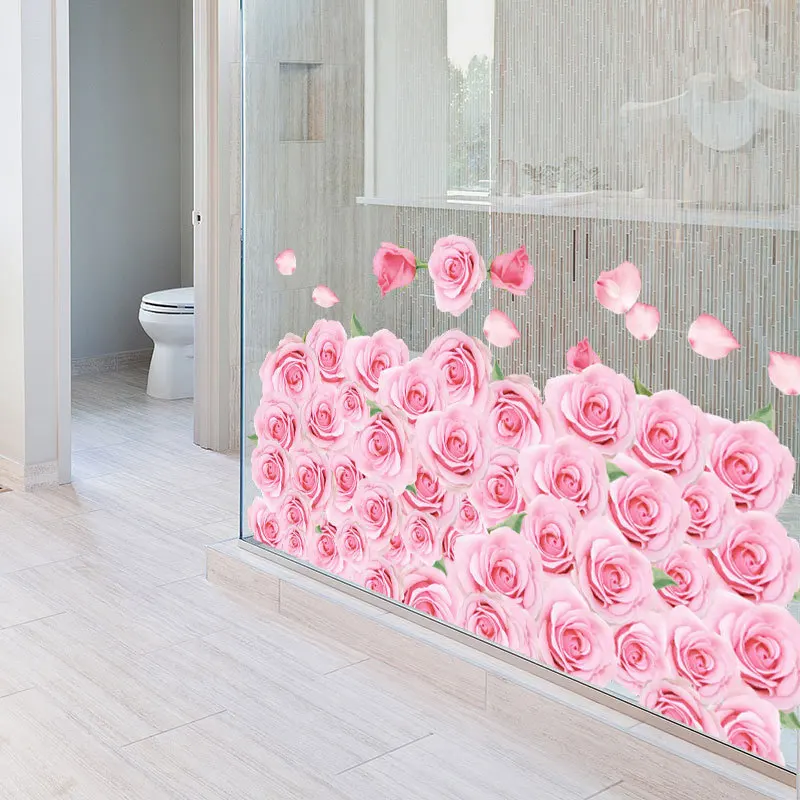 

2021New Pink Romantic Rose Flowers Wall Stickers Decorative Home Decor Floor Vinyl Mural Bathroom Living Room Kitchen Decoration