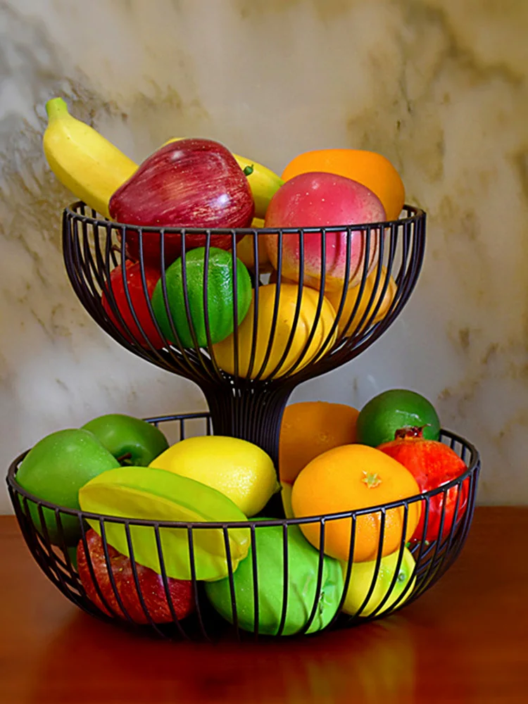 

Wrought Iron Double Layer Fruit Basket Metal Fruit Basket Iron Storage Basket Tray for Snack Fruit