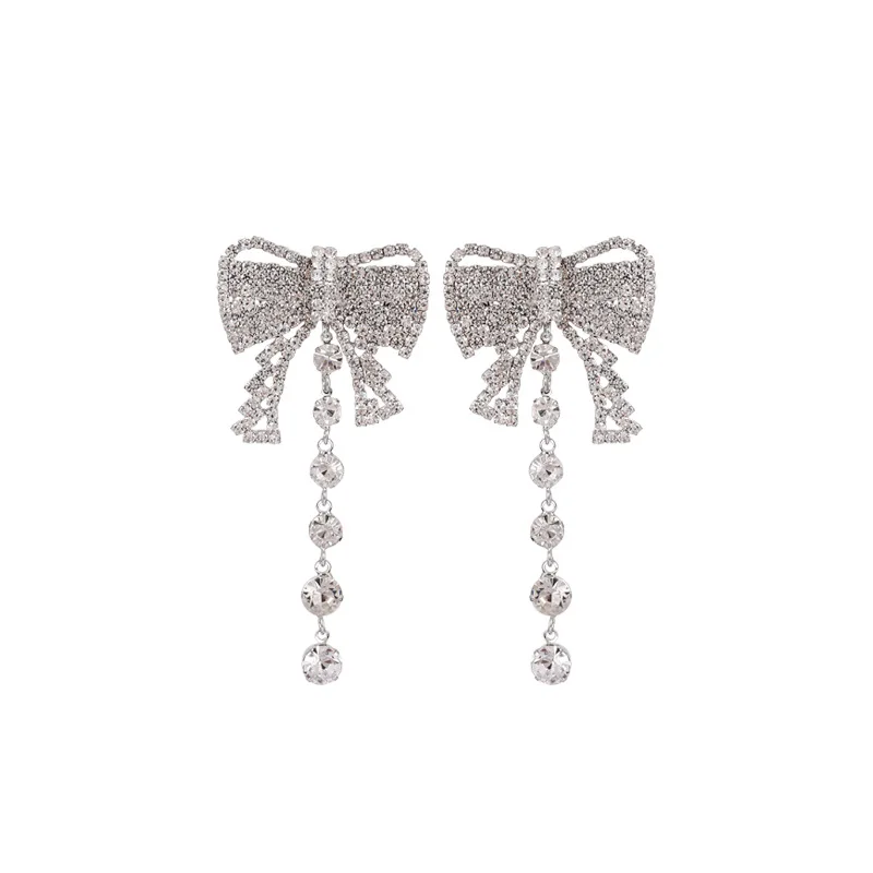

2021 Fashion Shiny CZ White Crystal Bow Drop Earring Charm Women Long Style Tassel Earring Elegant Women Cocktail Party Jewelry