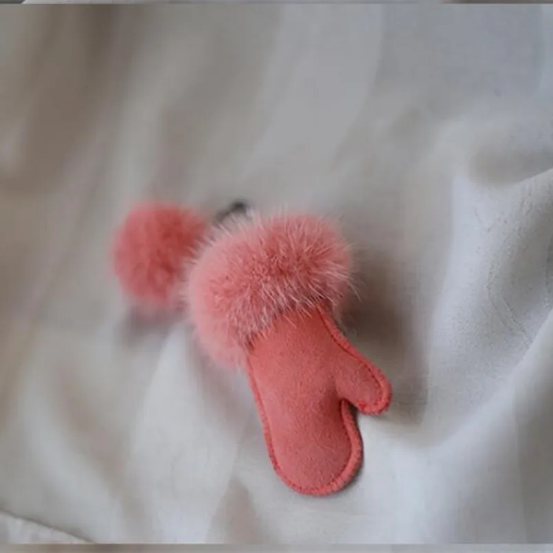 new keychain of real mink fur women fashion accessories mobile phone bag pendant leather fur mitten girls key ring free global shipping