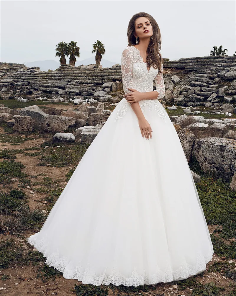 

Модные кружевные свадебные платья с V-образным вырезом и коротким рукавом, женское свадебное платье с открытой спиной для невесты, индивиду...