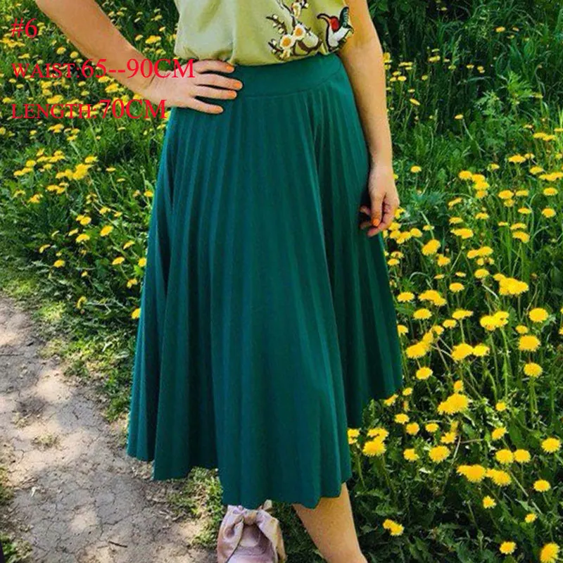 Jade Green SheBlingBling плиссированная летняя юбка Осенняя мода Высокая талия сплошной цвет до середины икры юбка универсальная Свинг эластичная талия миди юбка - Цвет: Jade Green