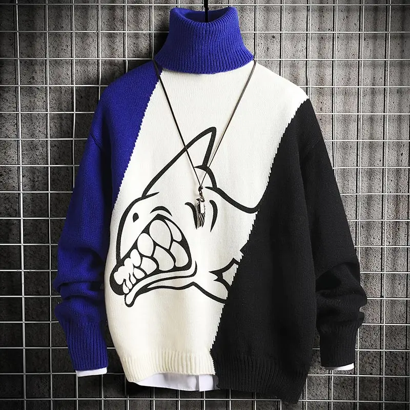 

GlacialWhale Mens Turtlenecks Sweater Men 2021 Patchwork Shark High Neck Harajuku Oversized Sweaters Korean Black Sweater Men
