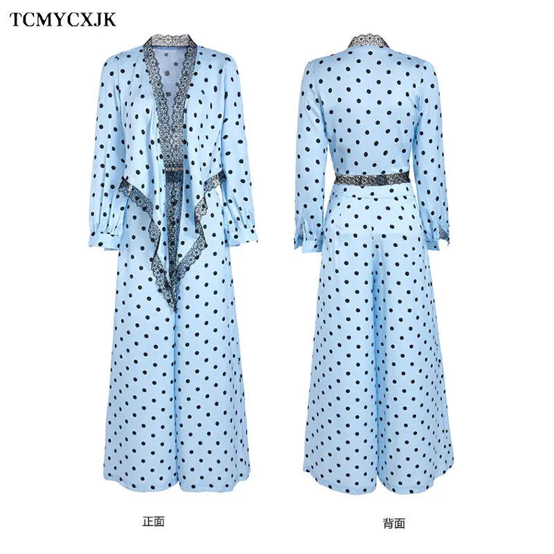 

Summer High Waist Wide Leg Pants Two-piece Suit Female Wave Dot Beach Skirt Pants Stitching Lace V-neck Long Sleeve 2-piece Suit