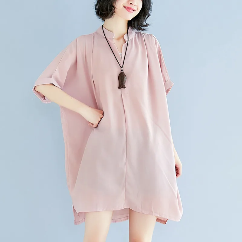 

#2803 Black White Yellow Red Chiffon Blouse Women Short Sleeved Oversized Long Blouse Sexy Summer Ladies Blouses Stand Collar