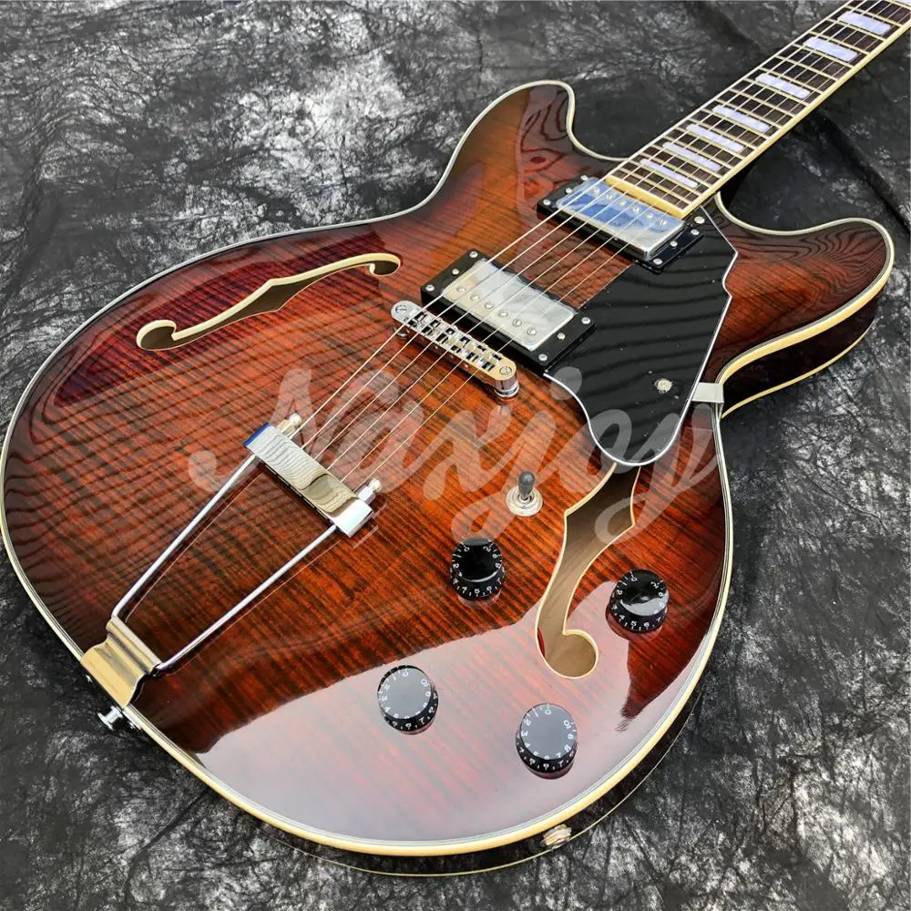 grote kaffee farbe flamme ahorn e gitarre hohl körper doppel f löcher dünne körper palisander griffbrett jazz free global shipping